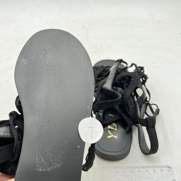 YDN Black Women Sexy Knee High Lace up Flats Fringe Low Heel Gladiator Strap - Picture 6 of 8